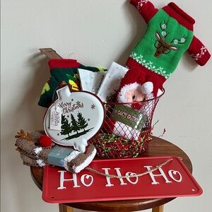 Holiday Cheer Gift Basket with ho ho ho sign Green and Red Decor ready to gift